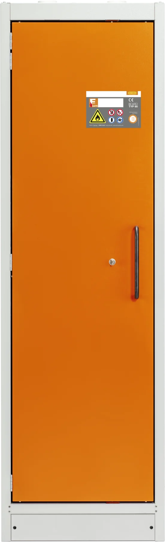 CEMO PROline safety cabinet with full-extension pull-out shelves, 33 L, grey, left-opening door, orange doors